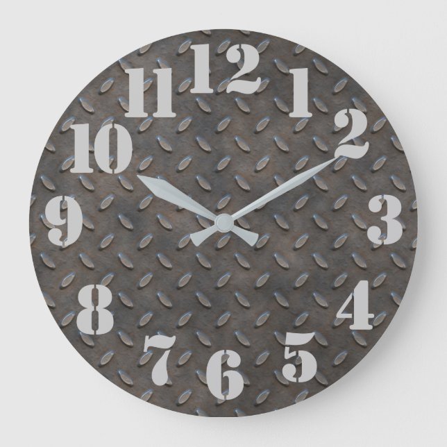 Grande Horloge Ronde Acier à plaque diamantée look industriel (Recto)