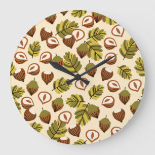 Grande Horloge Ronde Acorns Feuilles de noisette Motif sans couture