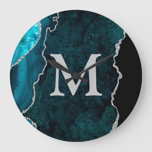 Grande Horloge Ronde Acrylique Monogramme Personnalisé Agate Sarcelle (Recto)