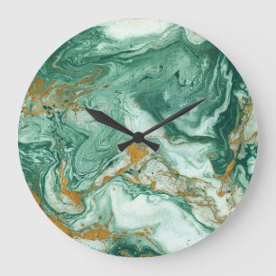 Grande Horloge Ronde Acrylique vert doré : art de la texture marbré.