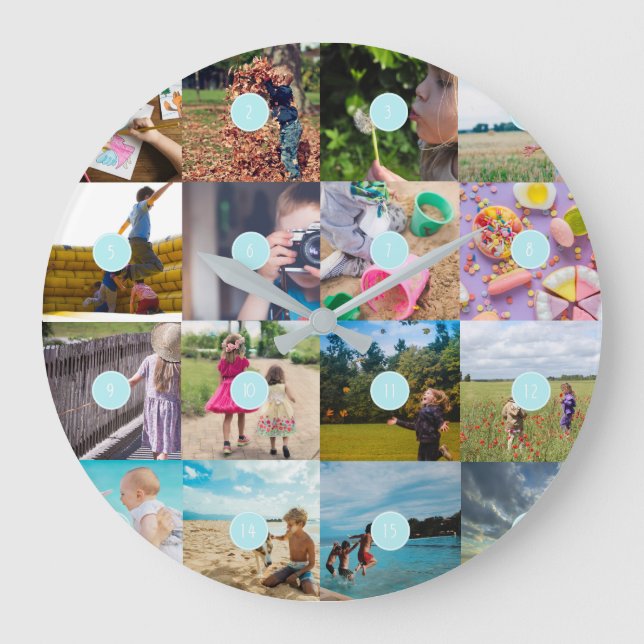 Grande Horloge Ronde Add your own 16 Photo Customisable Collage Clock (Recto)