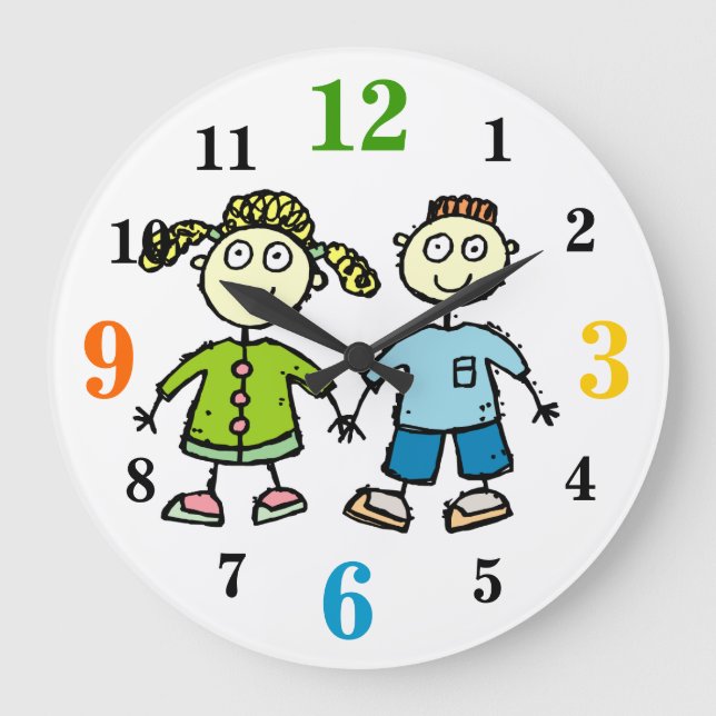 Grande Horloge Ronde Adorable Brother & Sister Kids Drawing Wall Clock (Recto)
