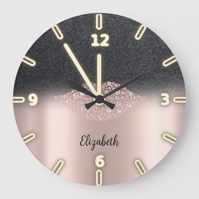 Grande Horloge Ronde Adorable Cool tendance Rose Diamants Or Lips (Recto)