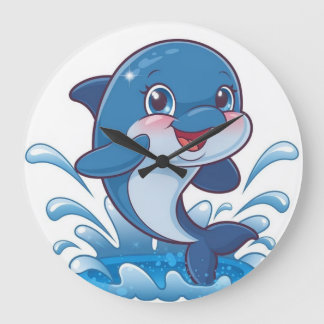 Grande Horloge Ronde Adorable Dauphin de Dessin Dauphin Splashing in Jo