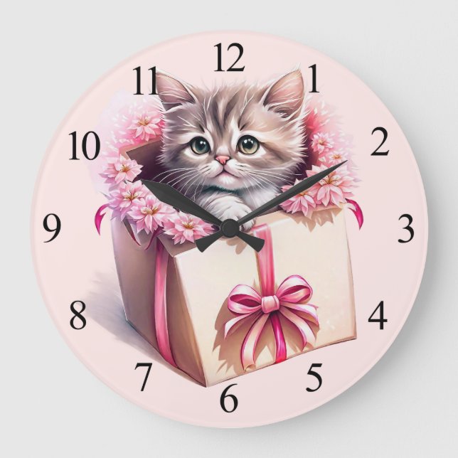 Grande Horloge Ronde Adorable Kitten dans une boîte Cadeau d'anniversai (Recto)
