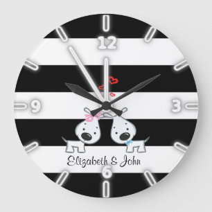 Grande Horloge Ronde Adorable Mignon, Rayé, Chiens Amoureux - Personnal