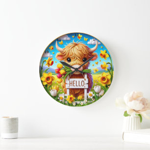 Grande Horloge Ronde Adorable vache Highland Spring Floral