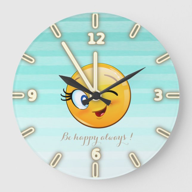 Grande Horloge Ronde Adorable Winking Emoji Face-Be heureux toujours (Recto)