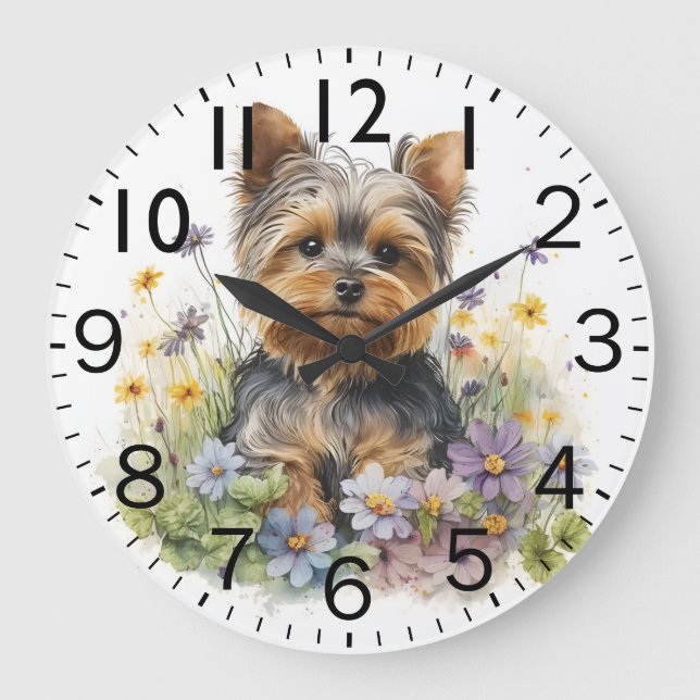 Grande Horloge Ronde Adorable Yorkshire Terrier Puppy Dog (Recto)