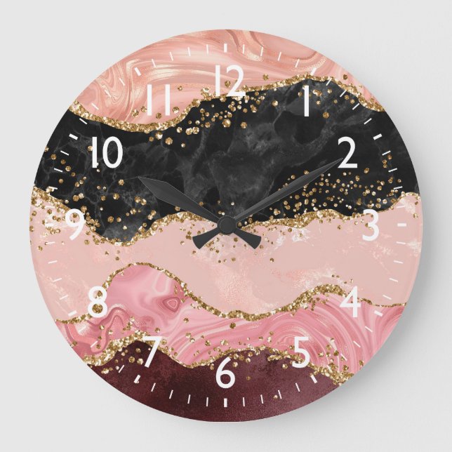 Grande Horloge Ronde Agate de séquences noir et rose