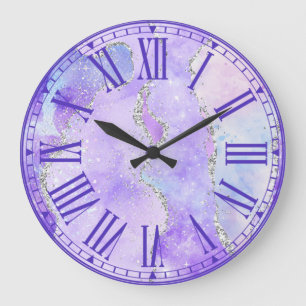 Grande Horloge Ronde Agate Fausse Paillettes Argent Violet et Blanc Pas