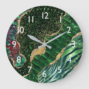 Grande Horloge Ronde Agate verte à motif animal safari avec fausses pai