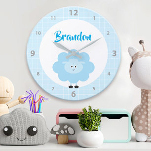 Grande Horloge Ronde Agneau bleu Garçon Pouponnière Script mignonne Kaw