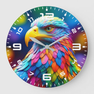 Grande Horloge Ronde Aigle chauve aux couleurs de l'arc-en-ciel-65456