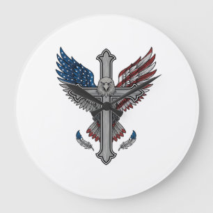 Grande Horloge Ronde Aigle Patriotique Croix Gravure Vintage Vecteur Dé