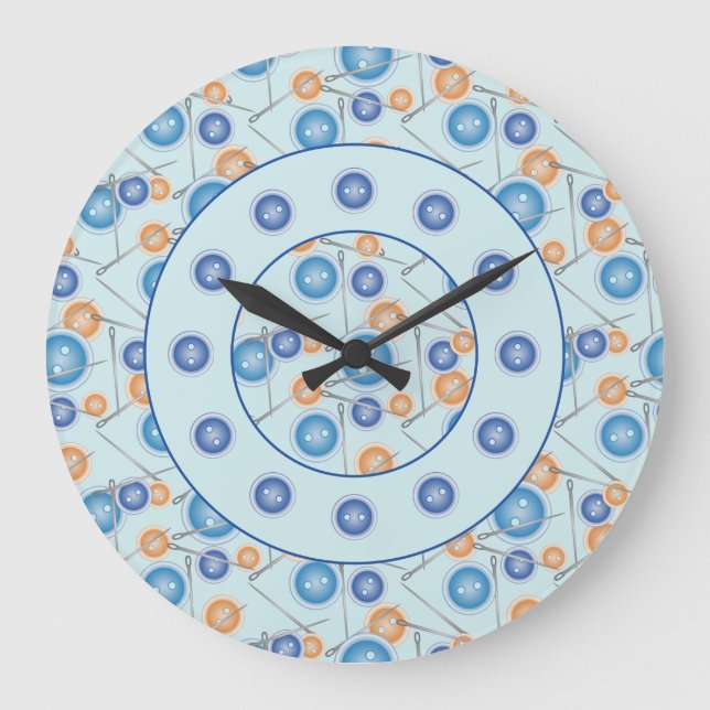 Grande Horloge Ronde Aiguilles à coudre et boutons Motif Bleu (Recto)