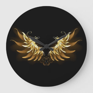 Grande Horloge Ronde Ailes d'Ange d'or sur arrière - plan noir