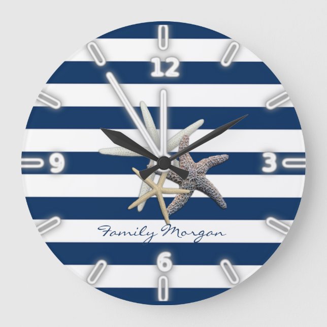 Grande Horloge Ronde Aimable Starfish, Bleu Marine Bleu Bandes Personna (Recto)