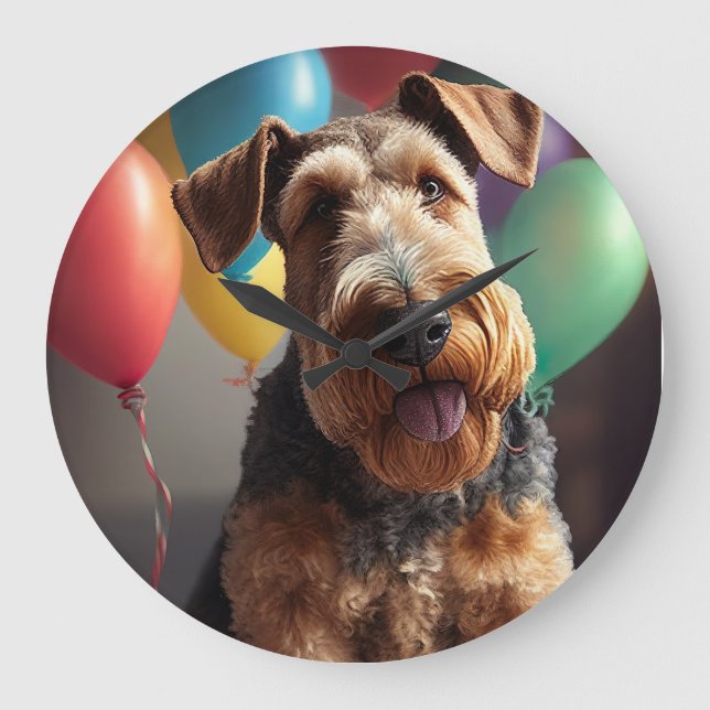 Grande Horloge Ronde Airedale chien avec gâteau et ballons (Recto)