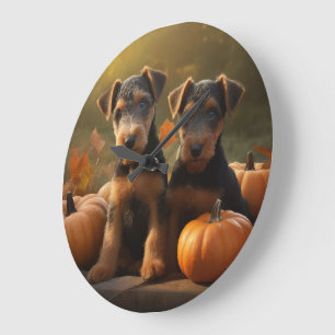 Grande Horloge Ronde Airedale Chiot Automne Citrouille délice