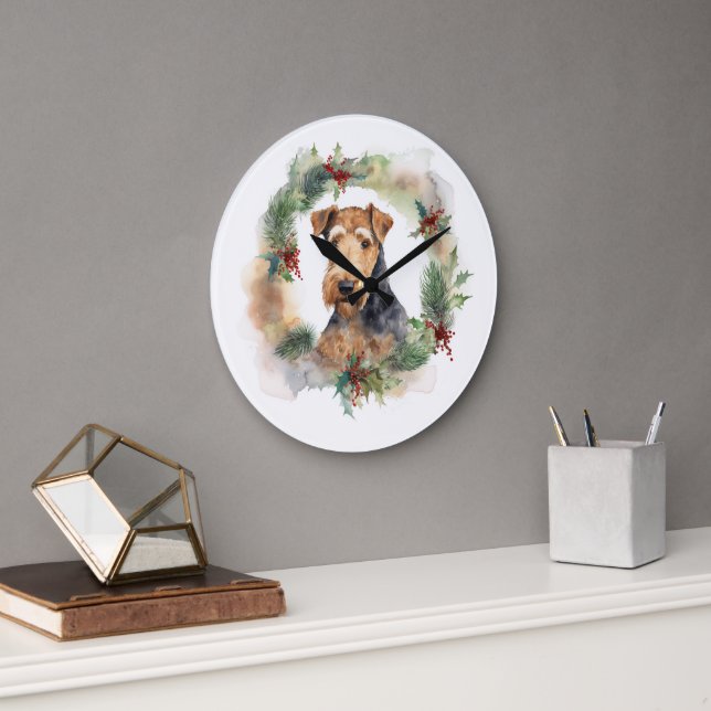 Grande Horloge Ronde Airedale Christmas Wreath Festive Pup (Bureau)