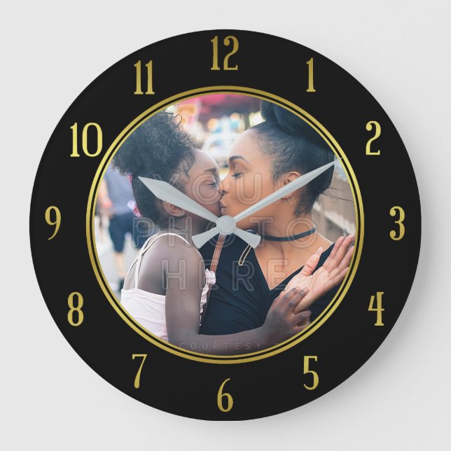 Grande Horloge Ronde Ajouter votre photo personnalisée | Gold Black Ele (Recto)