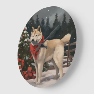 Grande Horloge Ronde Akita Chien dans Noël de neige