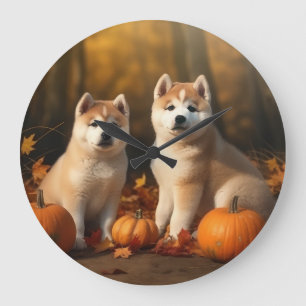 Grande Horloge Ronde Akita Puppy Citrouille d'automne
