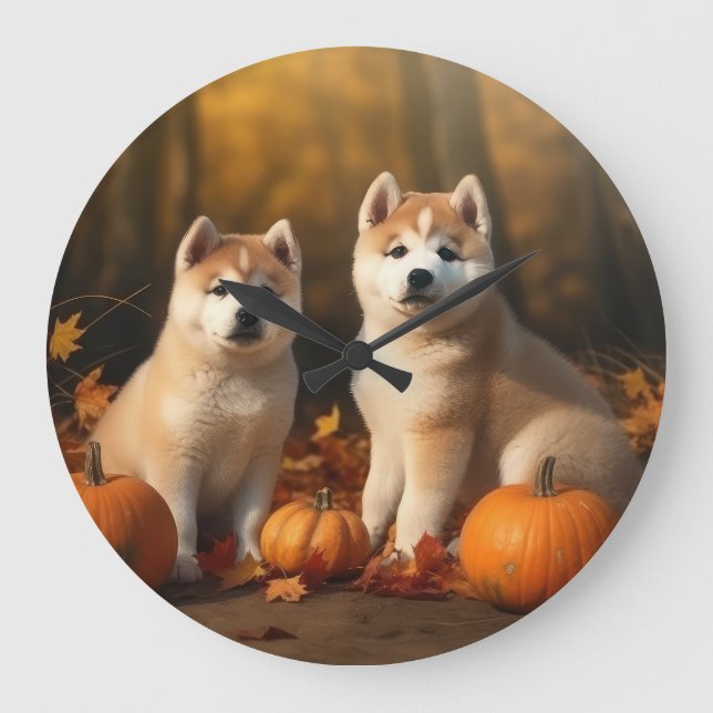 Grande Horloge Ronde Akita Puppy Citrouille d'automne (Recto)