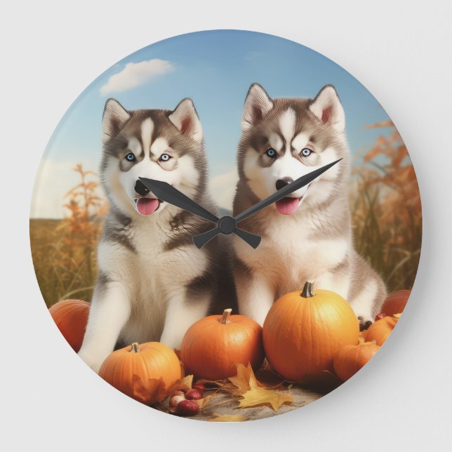 Grande Horloge Ronde Alaskan Malamute Chiot Automne Citrouille délice (Recto)