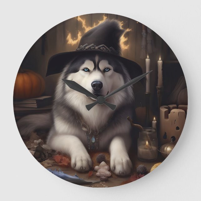 Grande Horloge Ronde Alaskan Malamute Citrouilles Halloween effrayant (Recto)