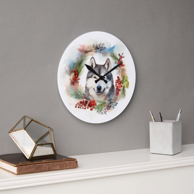 Grande Horloge Ronde Alaskan Malamute Festive de la couronne de Noël (Bureau)