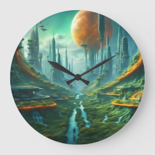 Grande Horloge Ronde Alien Nature & Futuriste Ville Surreal Sci-Fi Art