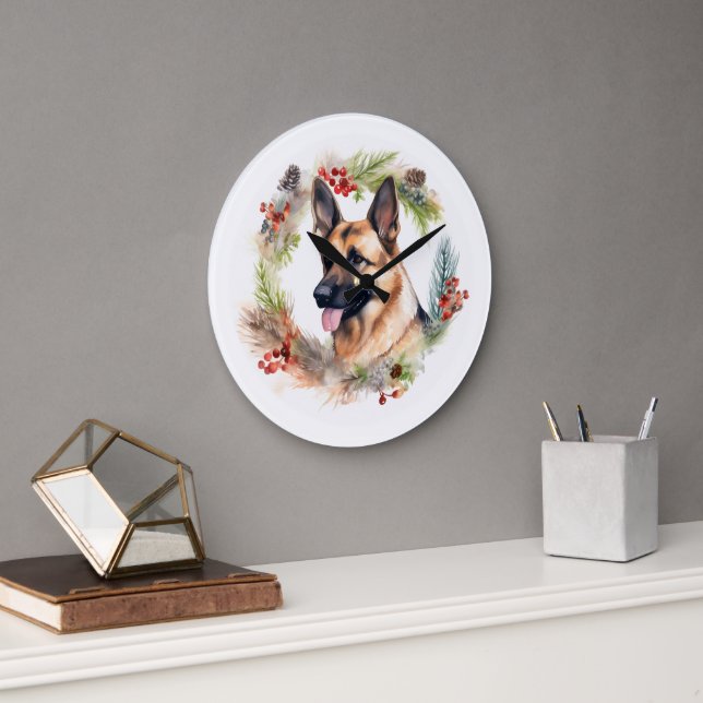 Grande Horloge Ronde Allemand Berger Noël Wreath Festive Pup (Bureau)