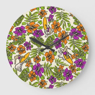 Grande Horloge Ronde Aloha Patchwork Hawaiian Tropical Prints - Violet