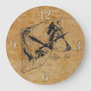 Grande Horloge Ronde Alpha Grey Wolf Faune Portrait Art