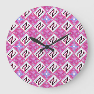 Grande Horloge Ronde Alphabet Géométrique Rose Chic Initiale N
