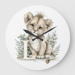 Grande Horloge Ronde Alphabet mignon en aquarelle des bébés animaux Lio