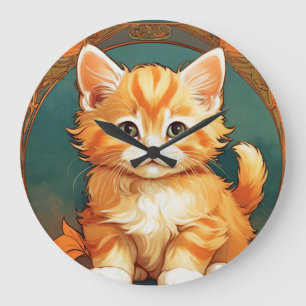 Grande Horloge Ronde Alphonse Mucha Style Chat orange