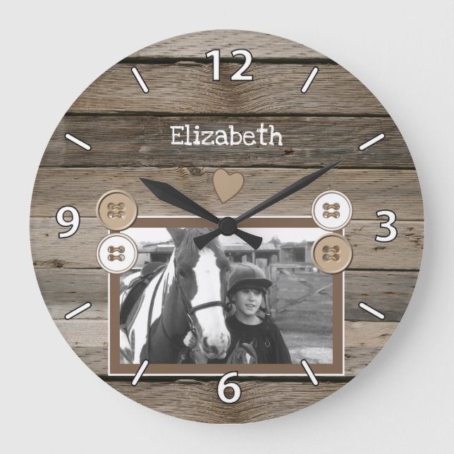 Grande Horloge Ronde Amateur de chevaux avec nom et photo rustique (Recto)