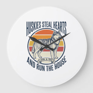 Grande Horloge Ronde Amateur de chien Husky Gravure vintage drôle Propr
