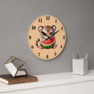Grande Horloge Ronde Amateurs de pastèque sympa Tiger