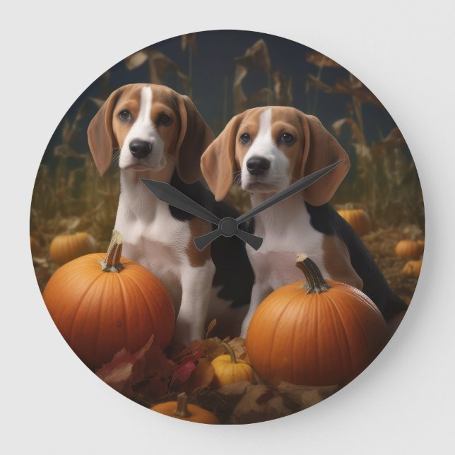 Grande Horloge Ronde American Anglais Foxhound Puppy Automne Delight (Recto)