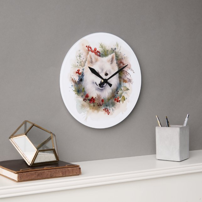 Grande Horloge Ronde American Eskimo Christmas Wreath Festive Pup (Bureau)