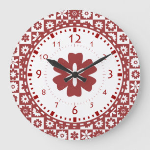 Grande Horloge Ronde American Farm Country Kitchen Fleur rouge et blanc