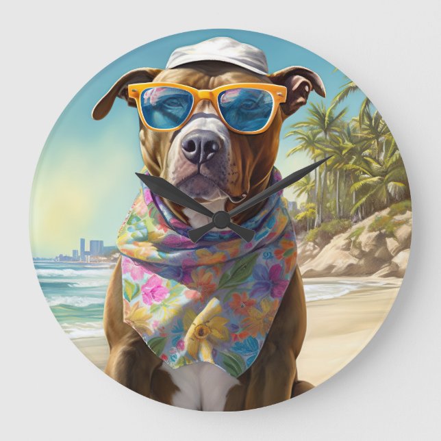 Grande Horloge Ronde American Staffordshire sur la plage, cadeau d'été (Recto)