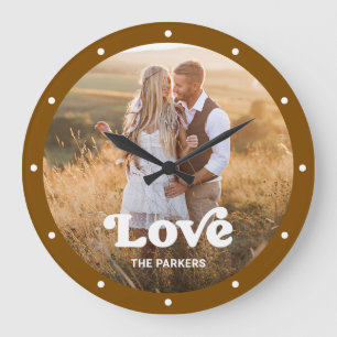 Grande Horloge Ronde Amour   Écriture moderne avec photo Brun rustique