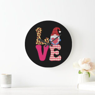 Grande Horloge Ronde Amour Gnome Valentines Jour Buffalo Rouge Plaid Le