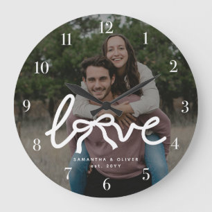 Grande Horloge Ronde Amour Moderne Typographie Couple Photo Personnalis