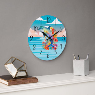 Grande Horloge Ronde amoureux de dauphins de plage mignons 